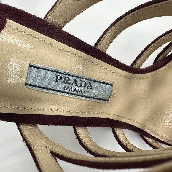 Prada Women's Burgundy Open Toe Strappy Wedge Metallic Sandal EU‎ 37.5 / US 7 - Picture 13 of 17